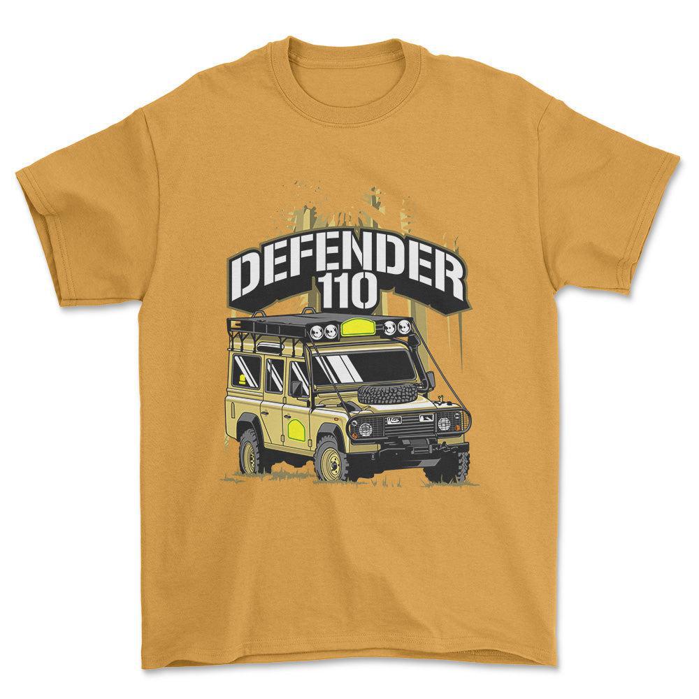 Land Rover Defender 110 - Unisex T-Shirt , Bomuld-Beklædning-Land Rover-Guld-S-Forside-Garage Culture Shop- garage - man cave - merchandise