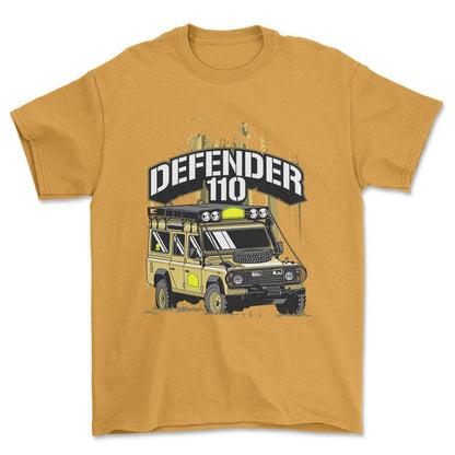 Land Rover Defender 110 - Unisex T-Shirt , Bomuld-Beklædning-Land Rover-Guld-S-Forside-Garage Culture Shop- garage - man cave - merchandise