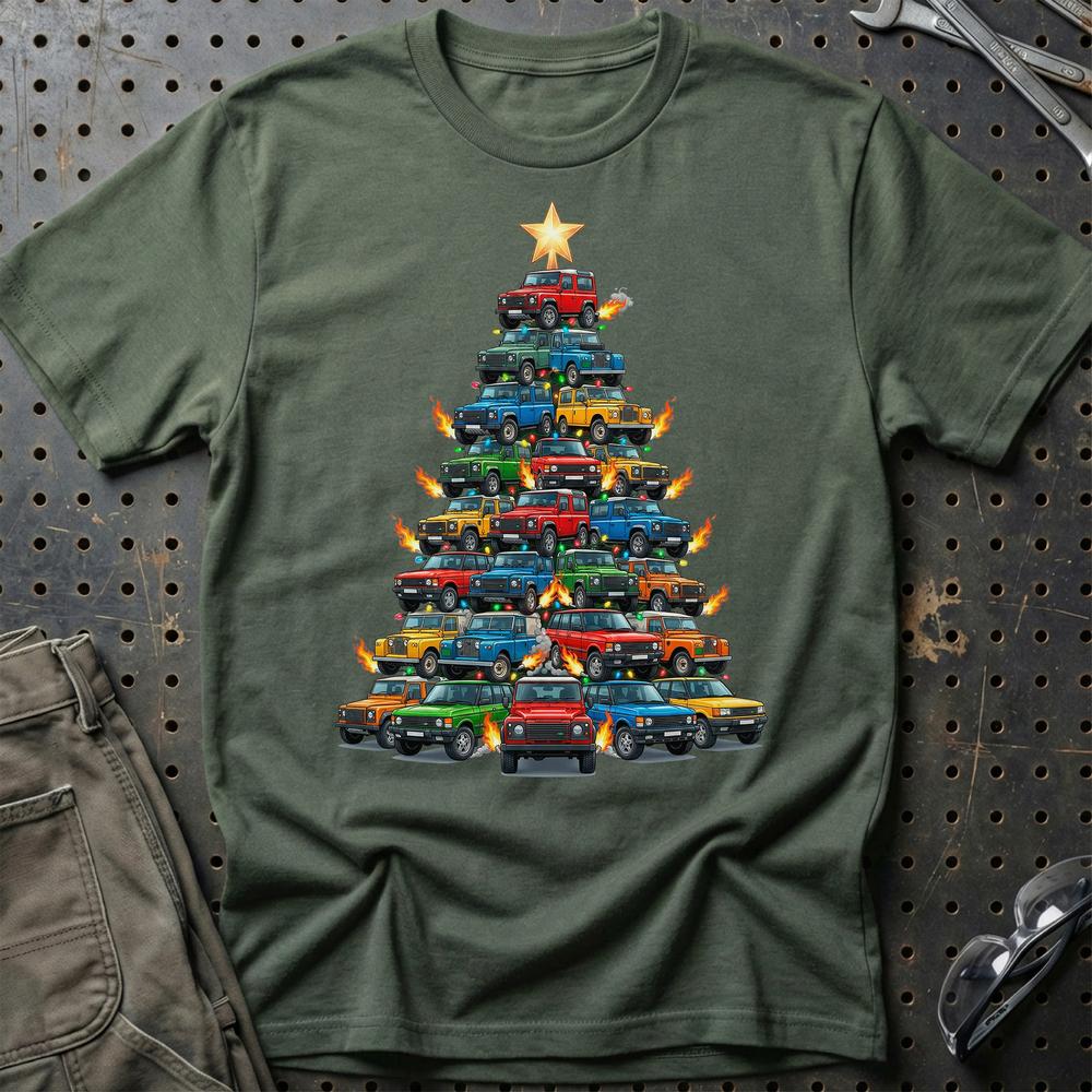 Land Rover Juletræ Christmas Tree T-Shirt-Beklædning-Land Rover-Grøn Militær-S-Garage Culture Shop- garage - man cave - merchandise