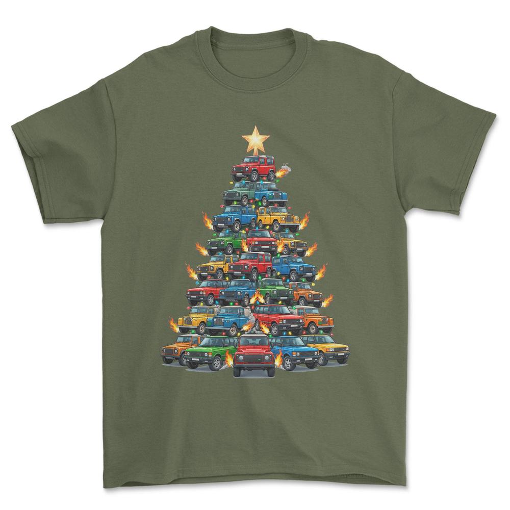 Land Rover Juletræ Christmas Tree - Unisex T-Shirt-Beklædning-Land Rover-Grøn Militær-S-Forside-Garage Culture Shop- garage - man cave - merchandise