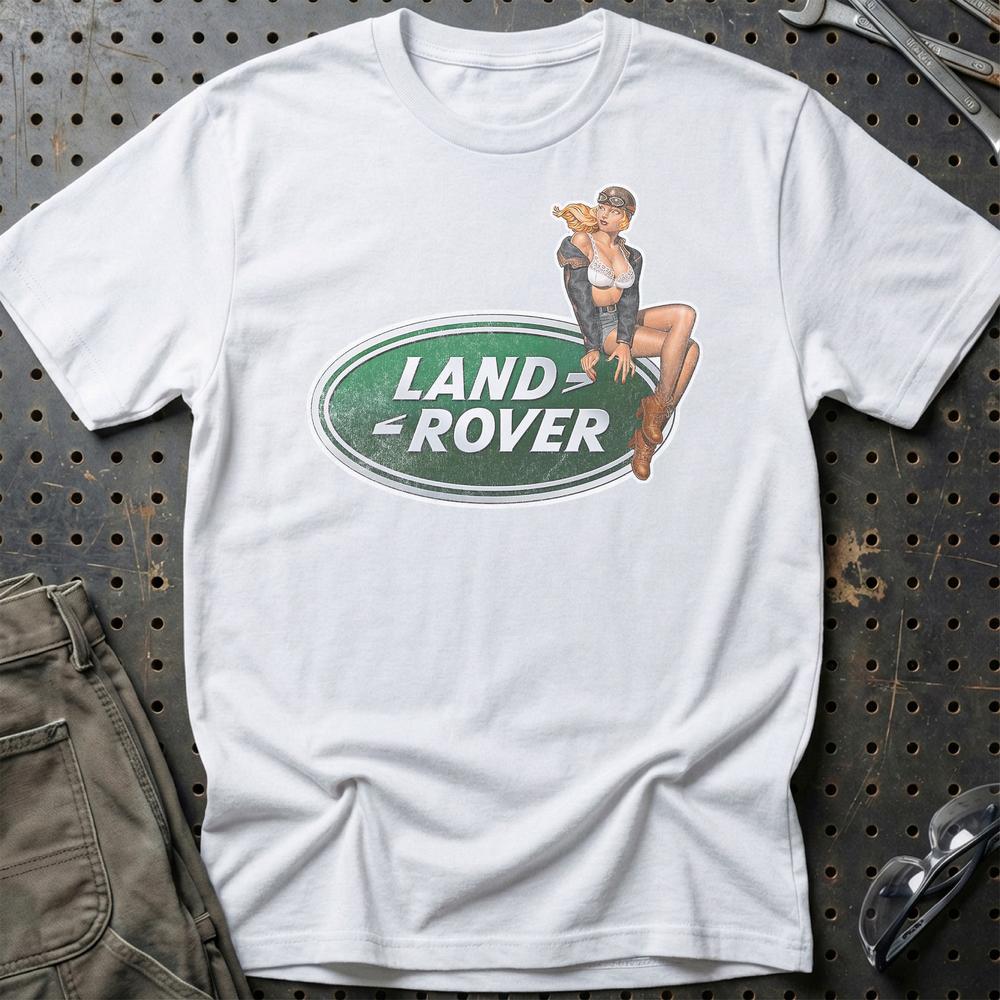 Land Rover Pinup - Unisex T-Shirt , Bomuld-Beklædning-Land Rover-Hvid-S-Garage Culture Shop- garage - man cave - merchandise
