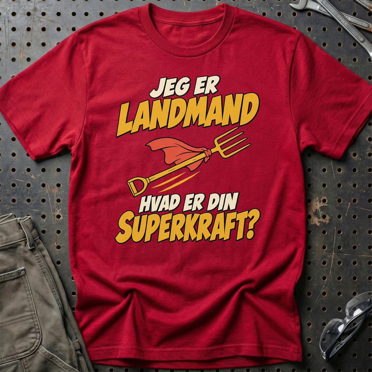 
Landmand – Hvad er din superkraft? – Unisex T-Shirt – Rød