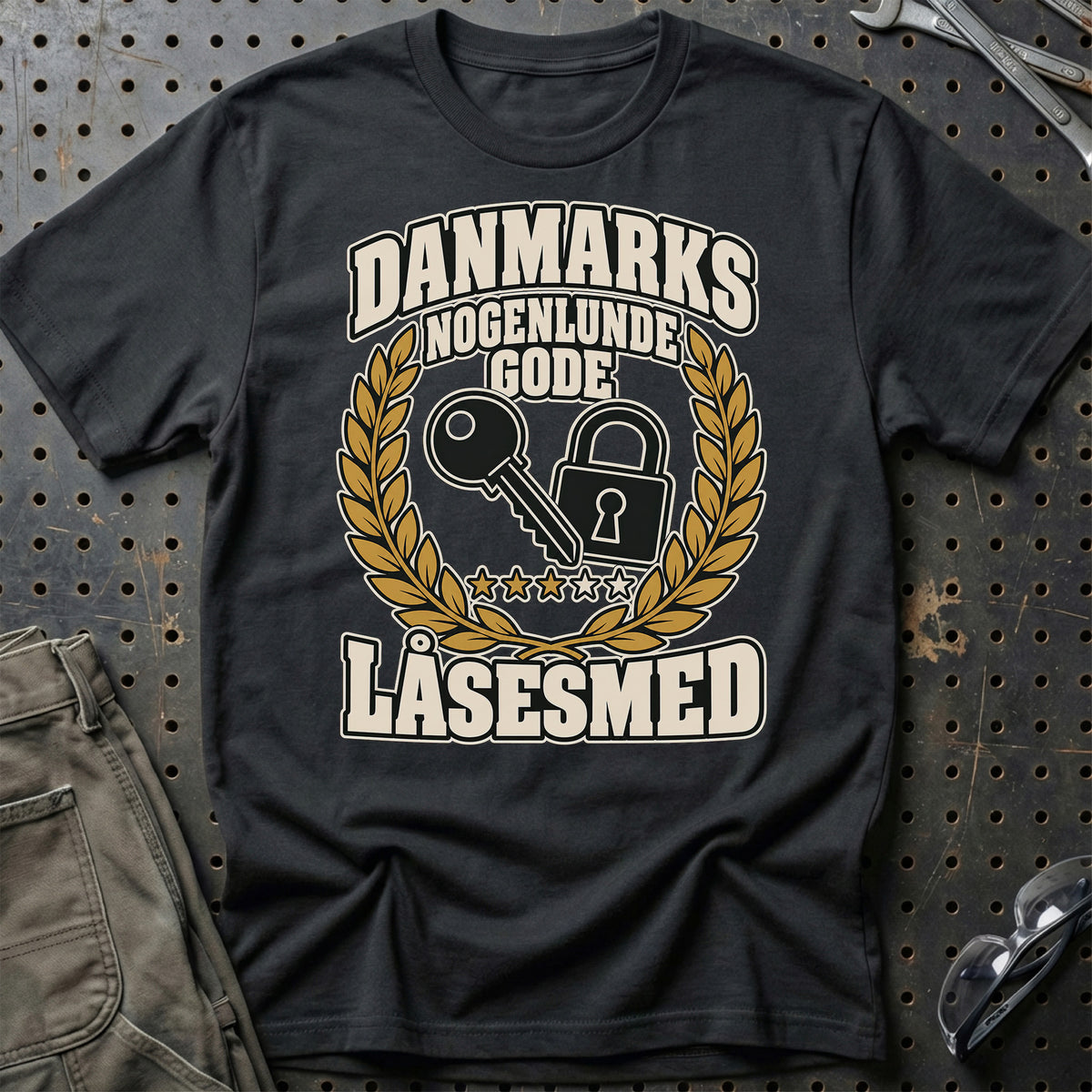 Låsesmed – Danmarks Nogenlunde Gode T-Shirt-Beklædning-Garage Culture-Sort-S-Garage Culture Shop- garage - man cave - merchandise