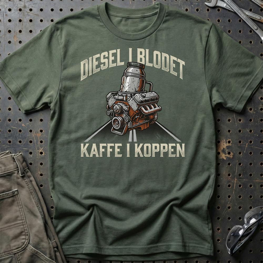 Lastbilchauffør Diesel i Blodet, Kaffe i Koppen - Unisex T-Shirt , Bomuld-Beklædning-Garage Culture-Grøn Militær-S-Garage Culture Shop- garage - man cave - merchandise