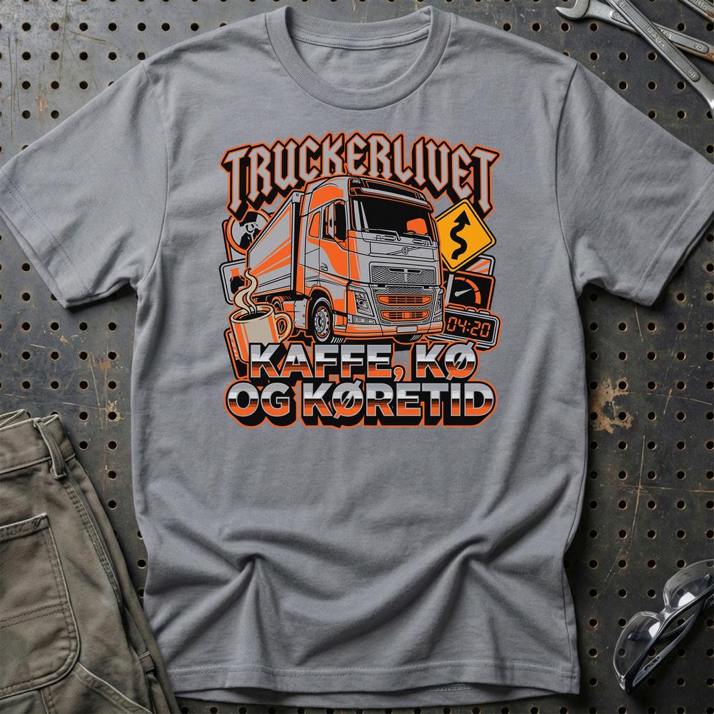 Lastbilchauffør Truckerlivet, Kaffe, Kø og Køretid - Unisex T-Shirt , Bomuld-Beklædning-Garage Culture-Grå Sport-S-Garage Culture Shop- garage - man cave - merchandise