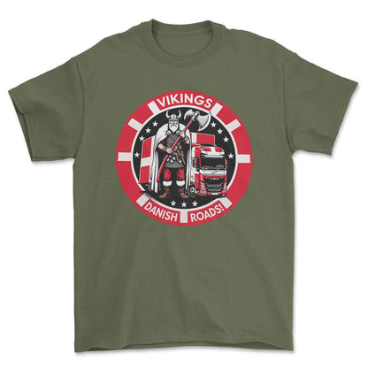 Lastbilchauffør - Vikings Danish Roads - Unisex T-Shirt , Bomuld-Beklædning-Lastbilchauffør-Grøn Militær-S-Forside-Garage Culture Shop- garage - man cave - merchandise