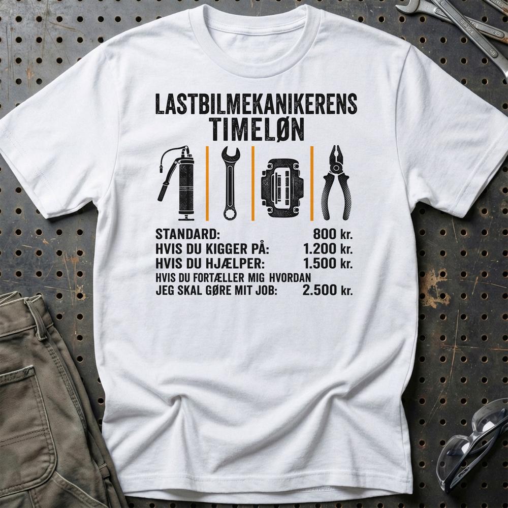 Lastbilmekanikerens Timeløn – Unisex T-Shirt, Bomuld-Beklædning-Garage Culture-Hvid-S-Garage Culture Shop- garage - man cave - merchandise