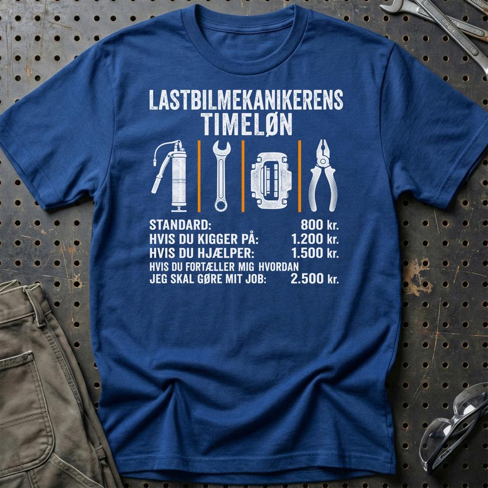 Lastbilmekanikerens Timeløn – Unisex T-Shirt, Bomuld-Beklædning-Garage Culture-Blå Royal-S-Garage Culture Shop- garage - man cave - merchandise