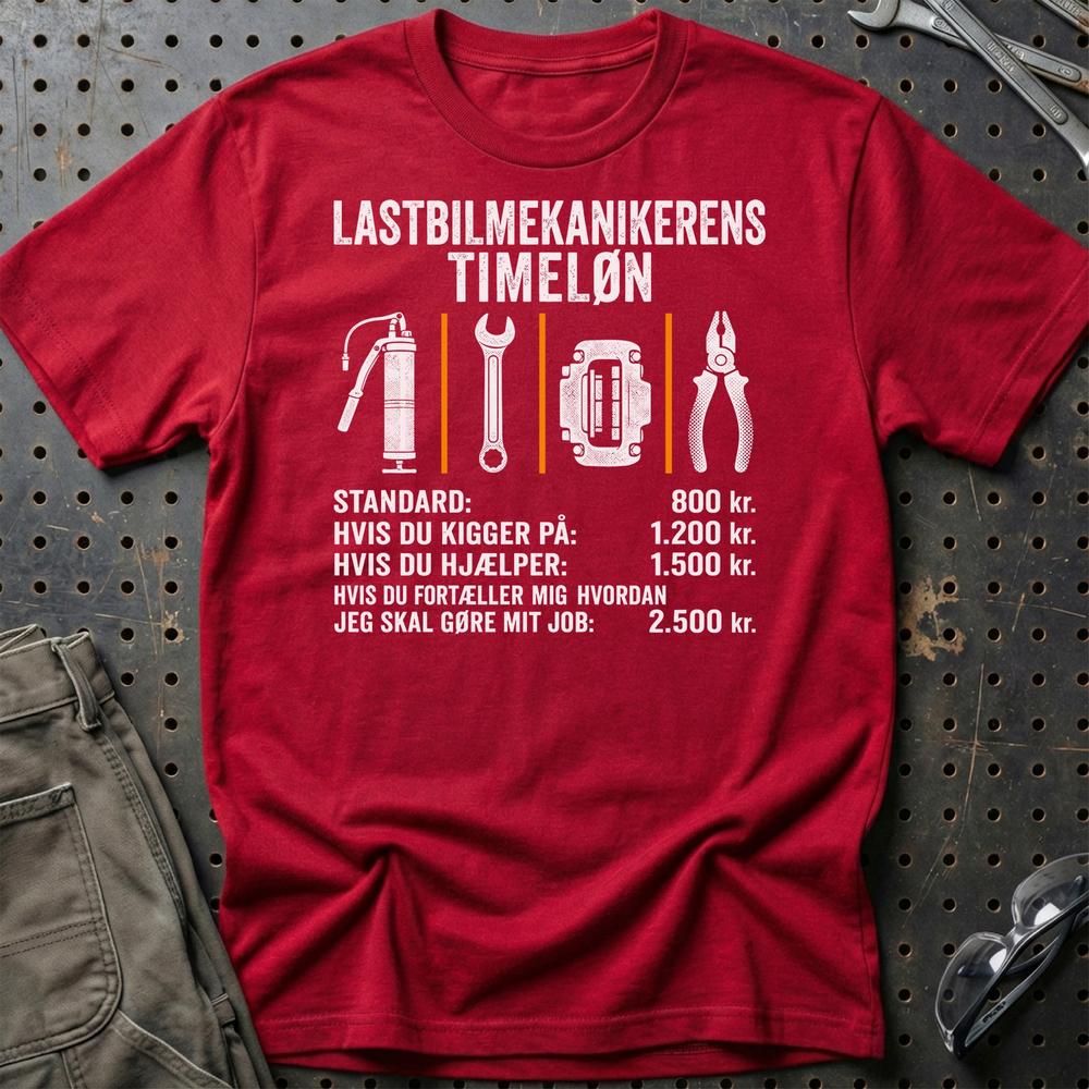 Lastbilmekanikerens Timeløn – Unisex T-Shirt, Bomuld-Beklædning-Garage Culture-Rød-S-Garage Culture Shop- garage - man cave - merchandise