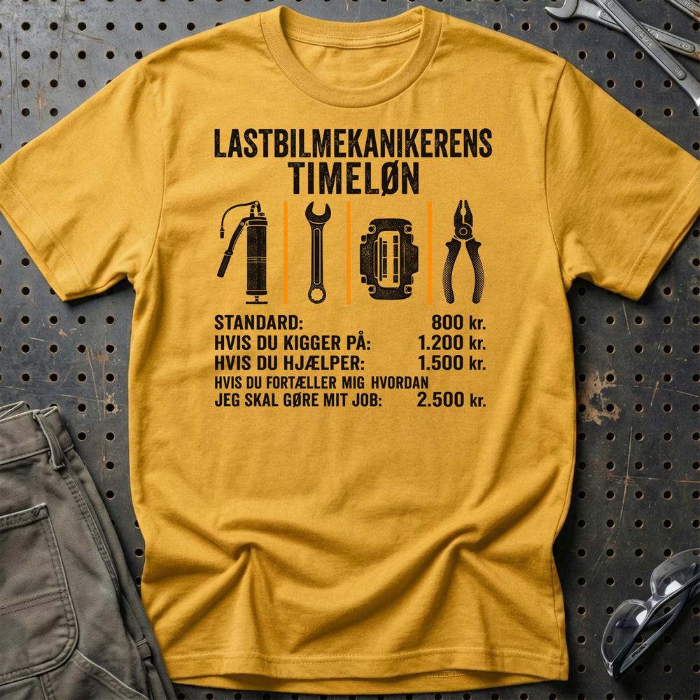 Lastbilmekanikerens Timeløn – Unisex T-Shirt, Bomuld-Beklædning-Garage Culture-Guld-S-Garage Culture Shop- garage - man cave - merchandise
