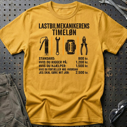 Lastbilmekanikerens Timeløn – Unisex T-Shirt, Bomuld-Beklædning-Garage Culture-Guld-S-Garage Culture Shop- garage - man cave - merchandise