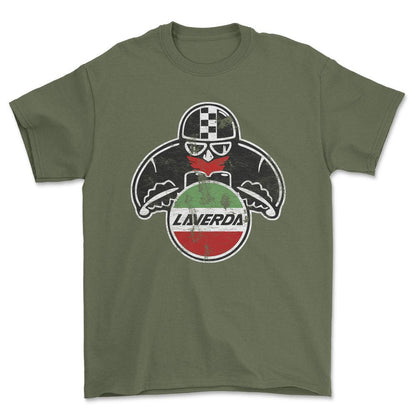 Laverda Biker Vintage Style Unisex T-Shirt , Bomuld-Beklædning-Laverda-Grøn Militær-S-Forside-Garage Culture Shop- garage - man cave - merchandise
