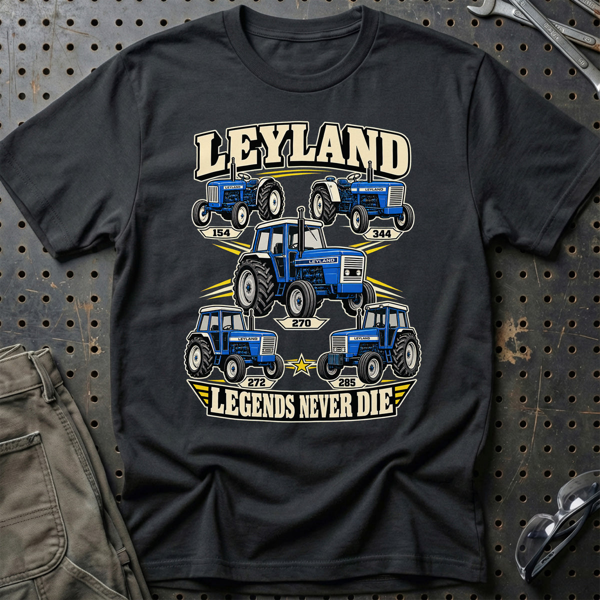 Leyland Legends Never Die T-Shirt-Beklædning-Leyland-Sort-S-Garage Culture Shop- garage - man cave - merchandise