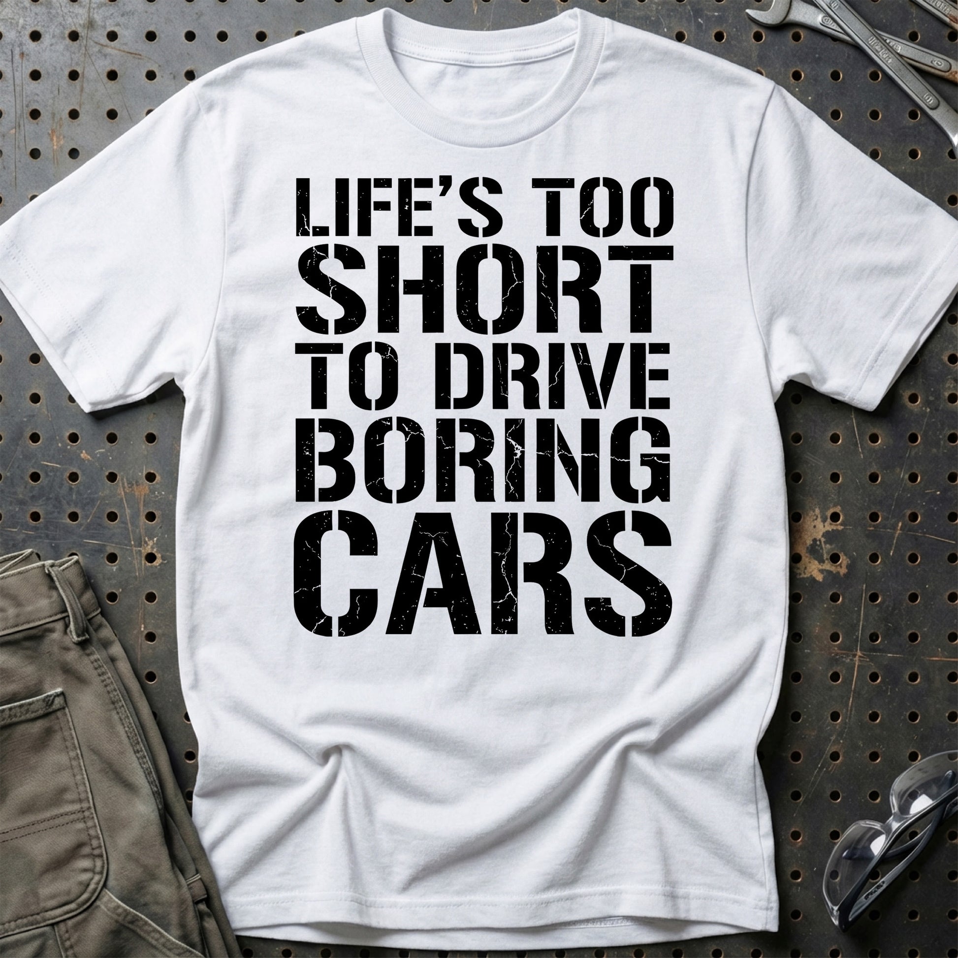 Life’s Too Short to Drive Boring Cars – DK Car Culture - Unisex T-Shirt , Bomuld-Beklædning-Garage Culture-Hvid-S-Garage Culture Shop- garage - man cave - merchandise
