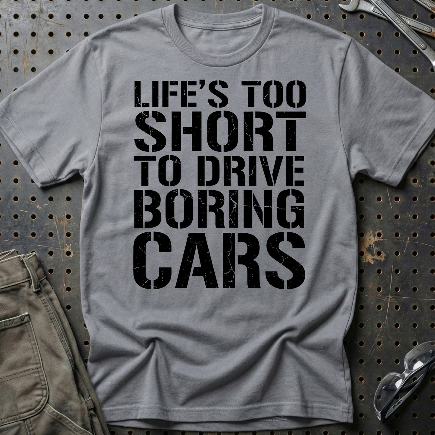 Life’s Too Short to Drive Boring Cars – DK Car Culture - Unisex T-Shirt , Bomuld-Beklædning-Garage Culture-Grå Sport-S-Garage Culture Shop- garage - man cave - merchandise