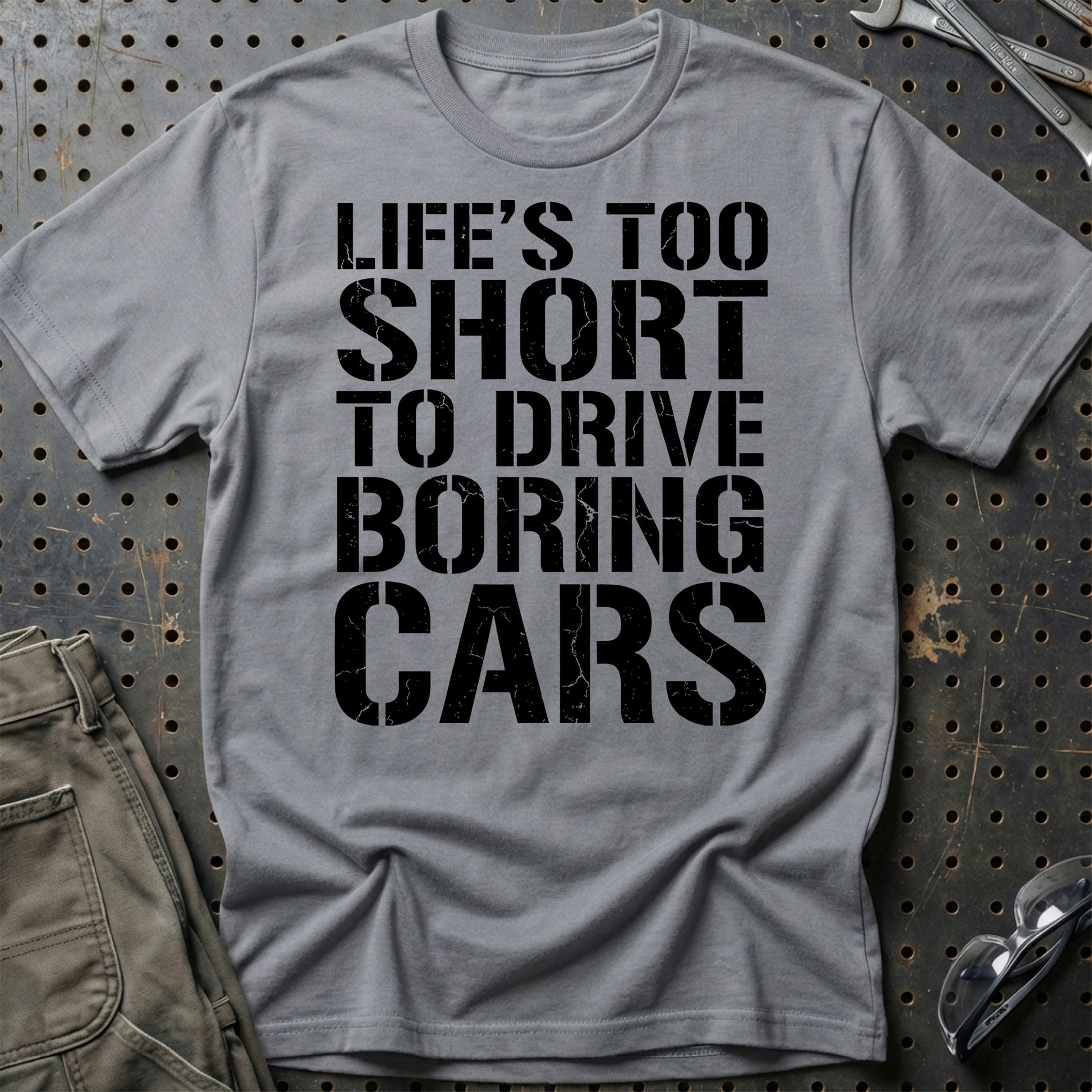Life’s Too Short to Drive Boring Cars – DK Car Culture - Unisex T-Shirt , Bomuld-Beklædning-Garage Culture-Grå Sport-S-Garage Culture Shop- garage - man cave - merchandise