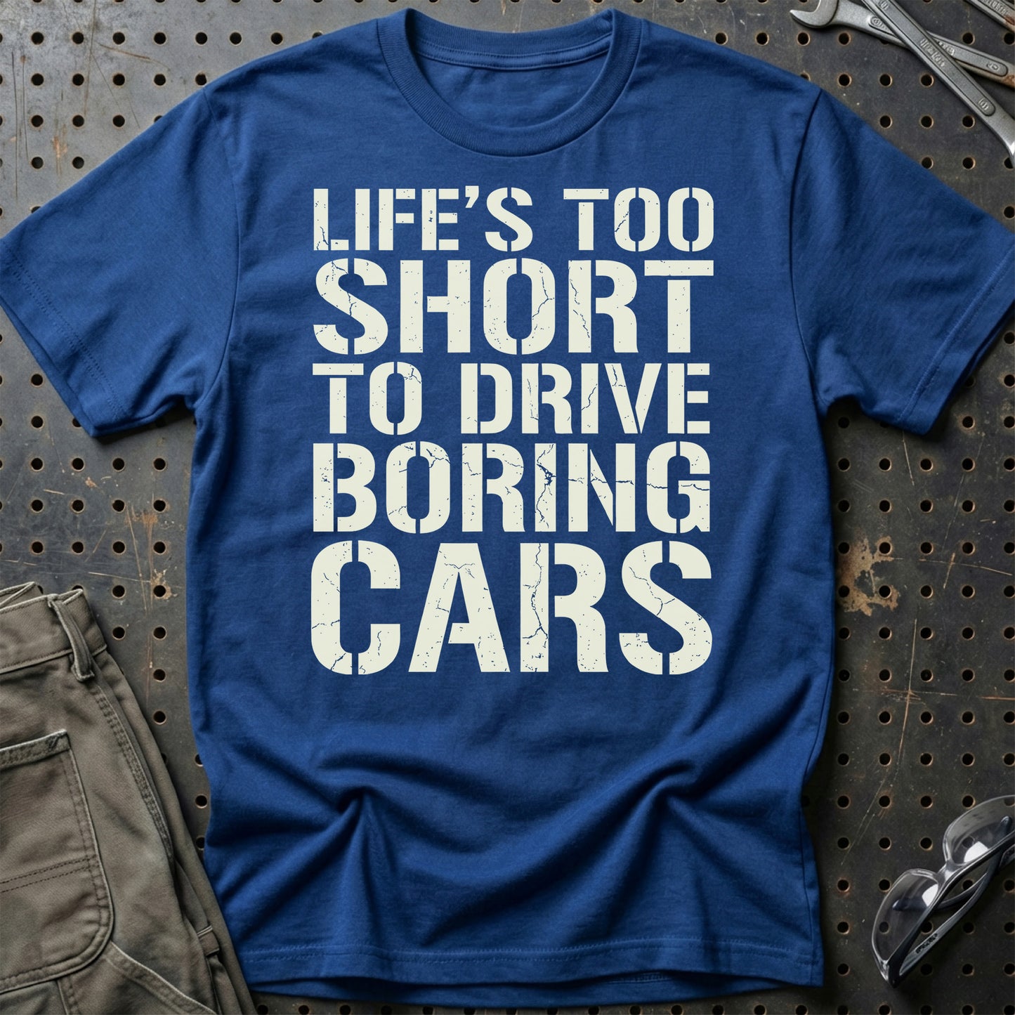 Life’s Too Short to Drive Boring Cars – DK Car Culture - Unisex T-Shirt , Bomuld-Beklædning-Garage Culture-Blå Royal-S-Garage Culture Shop- garage - man cave - merchandise