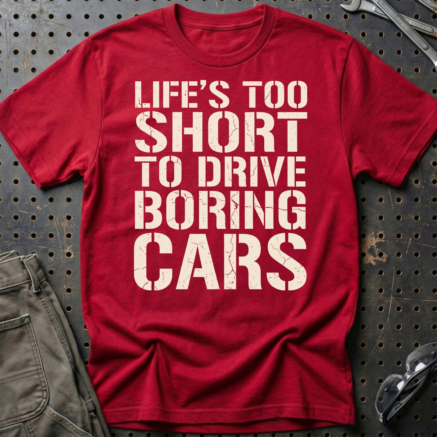 Life’s Too Short to Drive Boring Cars – DK Car Culture - Unisex T-Shirt , Bomuld-Beklædning-Garage Culture-Rød-S-Garage Culture Shop- garage - man cave - merchandise