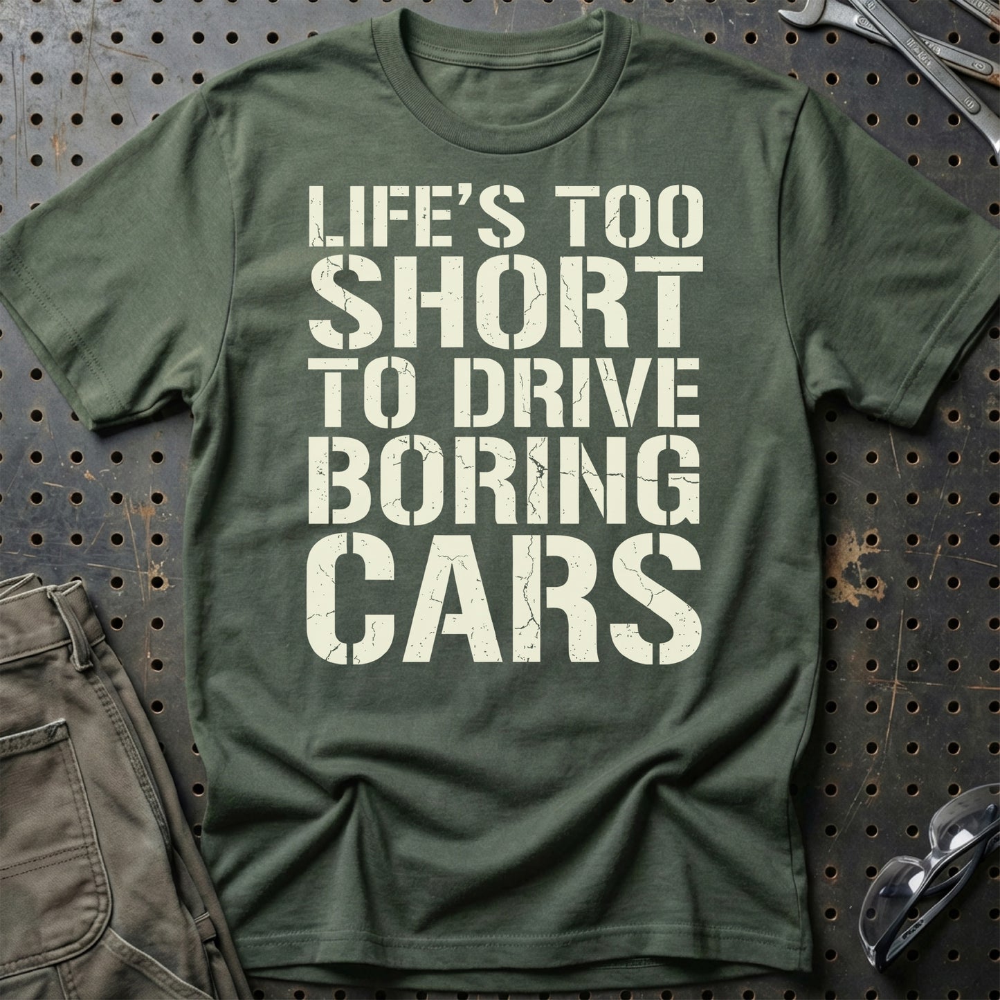 Life’s Too Short to Drive Boring Cars – DK Car Culture - Unisex T-Shirt , Bomuld-Beklædning-Garage Culture-Grøn Militær-S-Garage Culture Shop- garage - man cave - merchandise