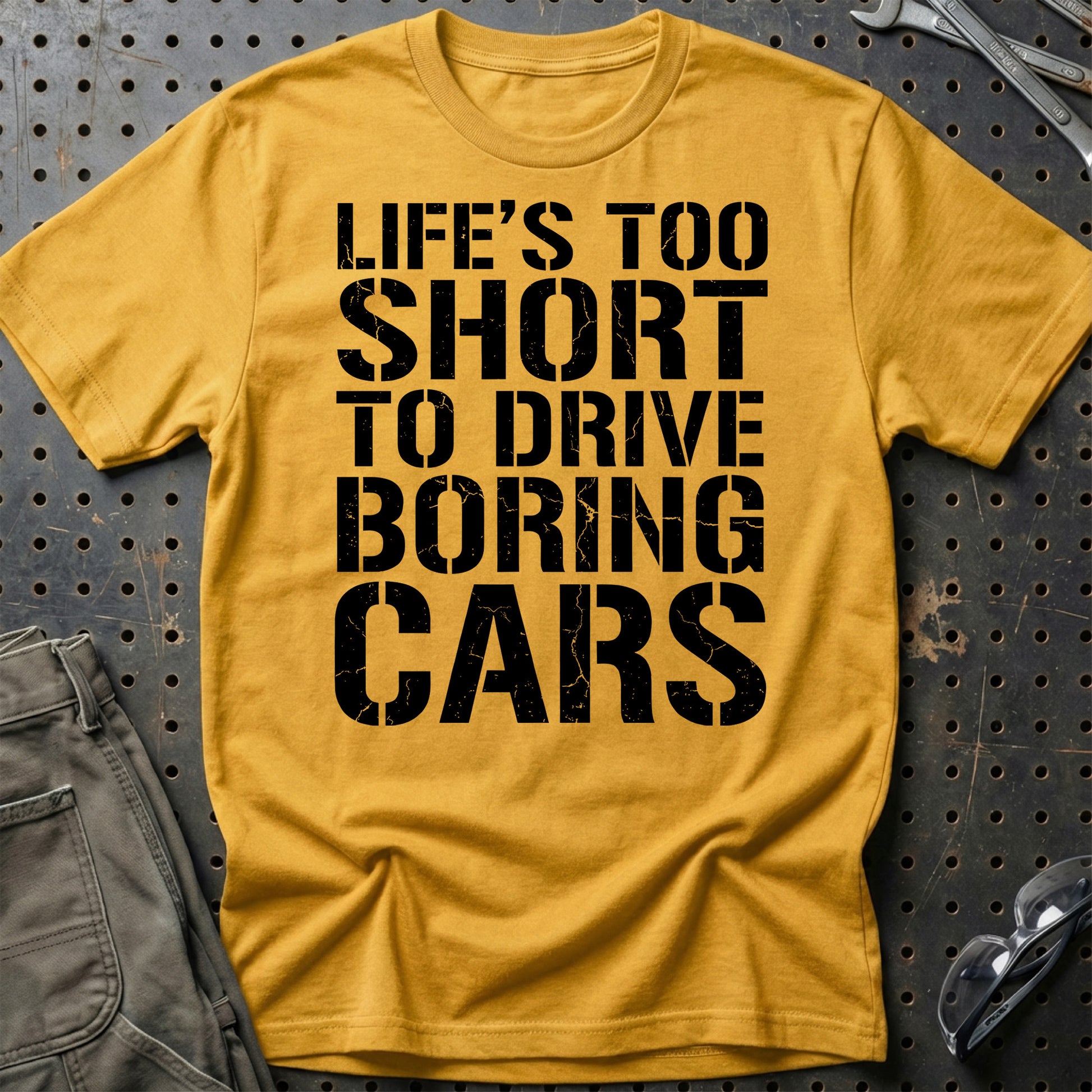Life’s Too Short to Drive Boring Cars – DK Car Culture - Unisex T-Shirt , Bomuld-Beklædning-Garage Culture-Guld-S-Garage Culture Shop- garage - man cave - merchandise
