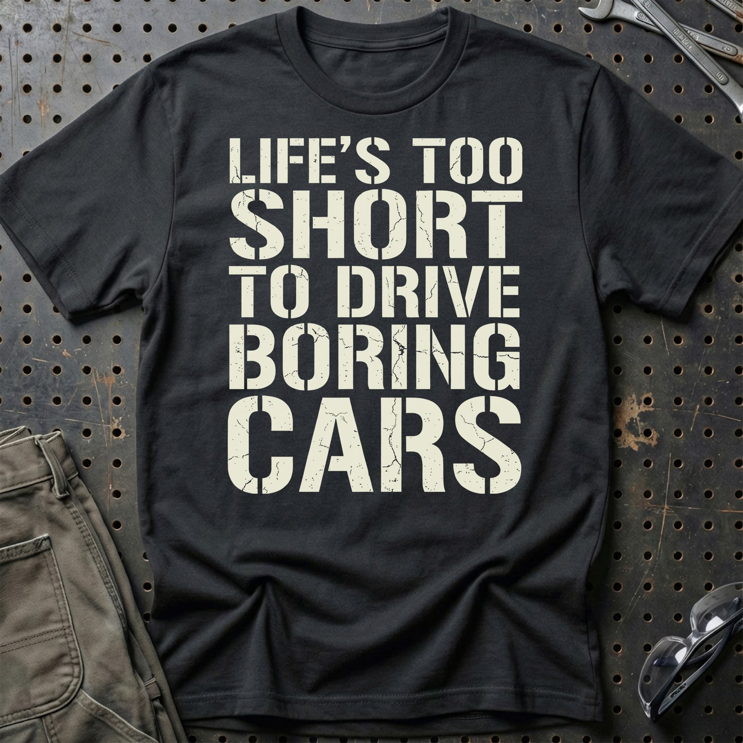 Life’s Too Short to Drive Boring Cars – DK Car Culture - Unisex T-Shirt , Bomuld-Beklædning-Garage Culture-Sort-S-Garage Culture Shop- garage - man cave - merchandise
