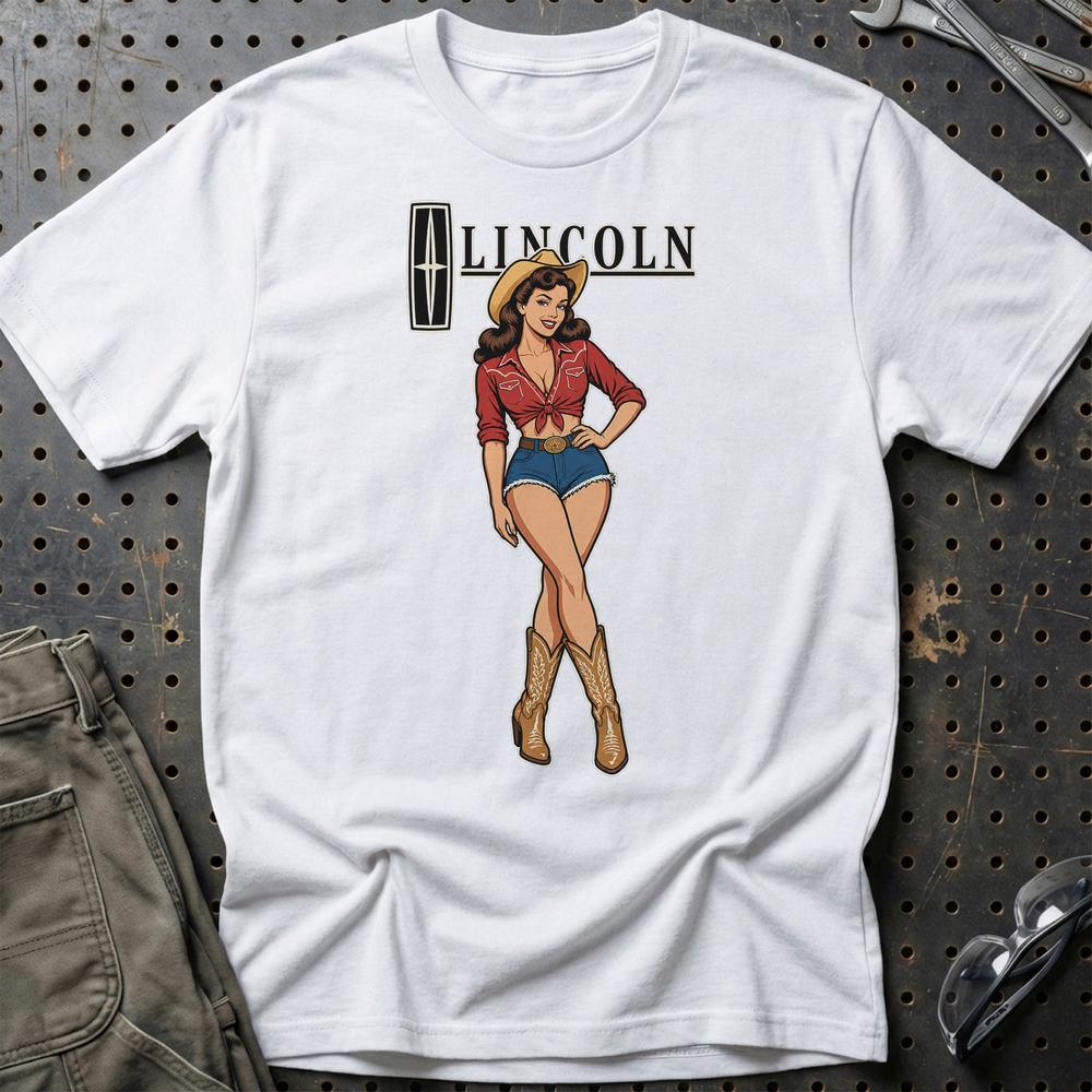 Lincoln Cowboy Pinup T-Shirt-Beklædning-Lincoln-Hvid-S-Garage Culture Shop- garage - man cave - merchandise