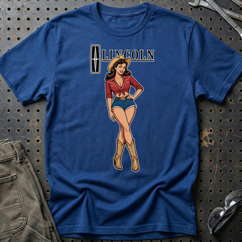 Lincoln Cowboy Pinup T-Shirt-Beklædning-Lincoln-Blå Royal-S-Garage Culture Shop- garage - man cave - merchandise