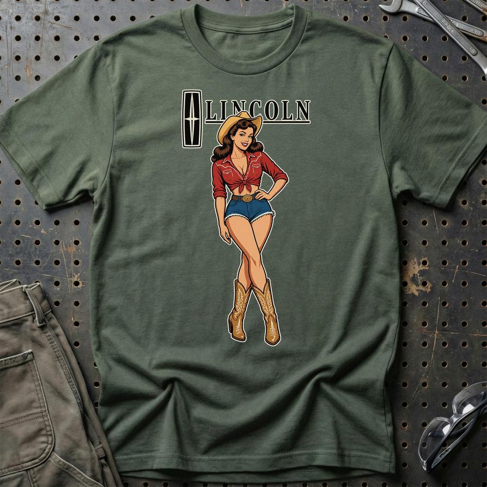 Lincoln Cowboy Pinup T-Shirt-Beklædning-Lincoln-Grøn Militær-S-Garage Culture Shop- garage - man cave - merchandise