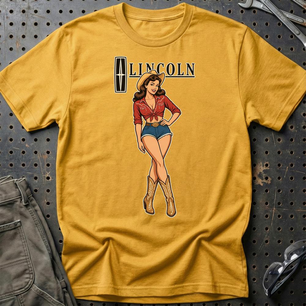 Lincoln Cowboy Pinup T-Shirt-Beklædning-Lincoln-Guld-S-Garage Culture Shop- garage - man cave - merchandise