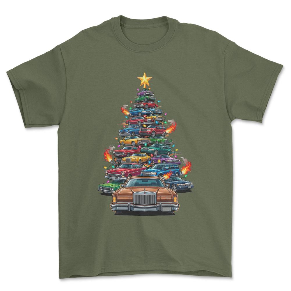 Lincoln MK4 Juletræ Christmas Tree - Unisex T-Shirt-Beklædning-Lincoln-Grøn Militær-S-Forside-Garage Culture Shop- garage - man cave - merchandise