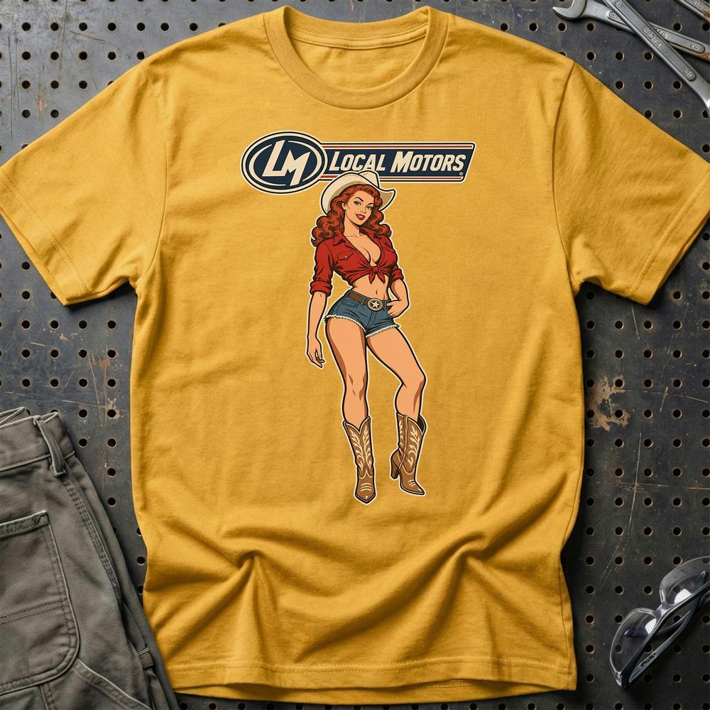 Local Motors Cowboy Pinup T-Shirt-Beklædning-Local Motors-Guld-S-Garage Culture Shop- garage - man cave - merchandise