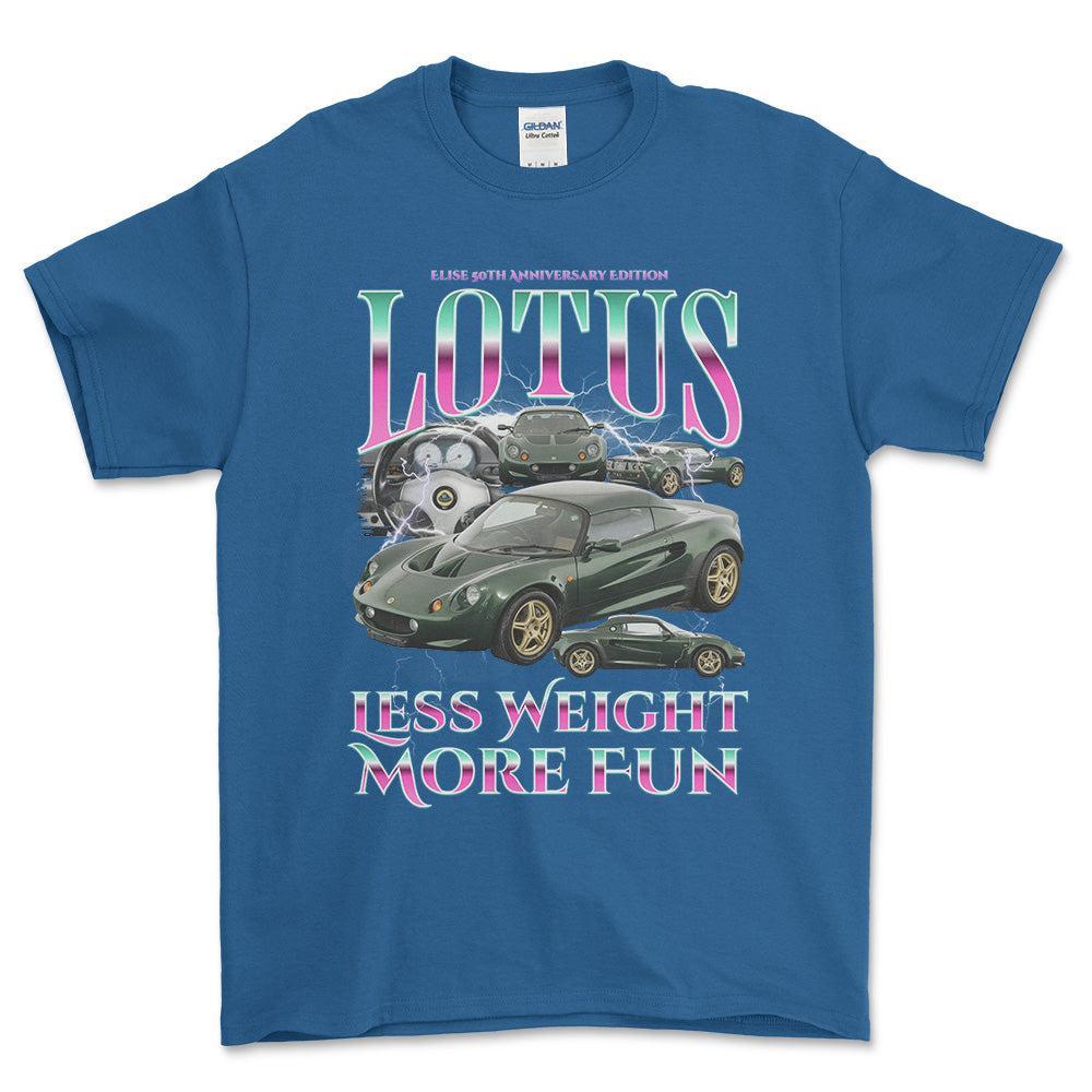 Lotus Elise - Bootleg Style Unisex T-Shirt , Bomuld-Beklædning-Lotus-Blå Royal-S-Forside-Garage Culture Shop- garage - man cave - merchandise