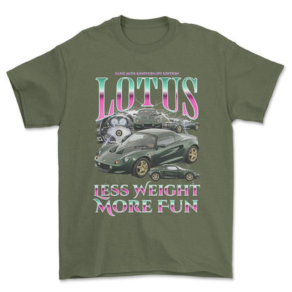 Lotus Elise - Bootleg Style Unisex T-Shirt , Bomuld-Beklædning-Lotus-Grøn Militær-S-Forside-Garage Culture Shop- garage - man cave - merchandise