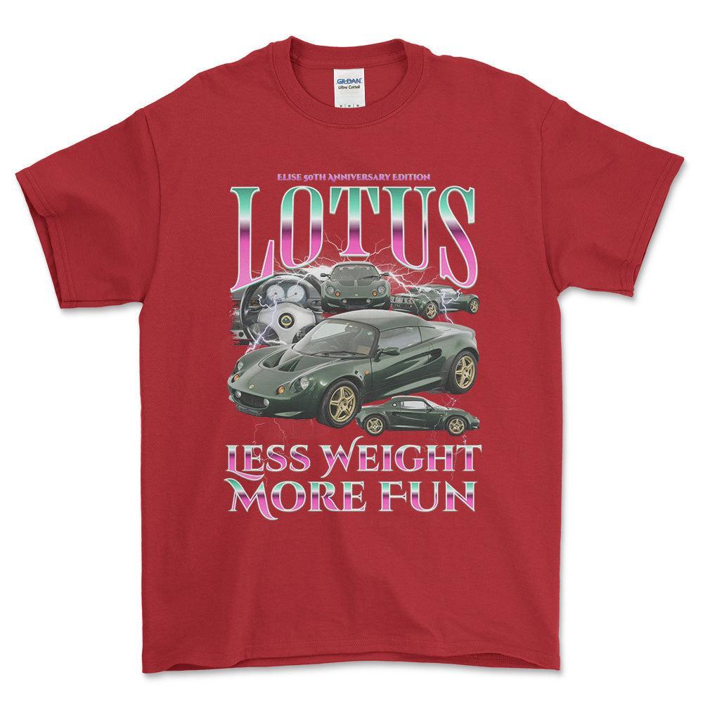 Lotus Elise - Bootleg Style Unisex T-Shirt , Bomuld-Beklædning-Lotus-Rød-S-Forside-Garage Culture Shop- garage - man cave - merchandise