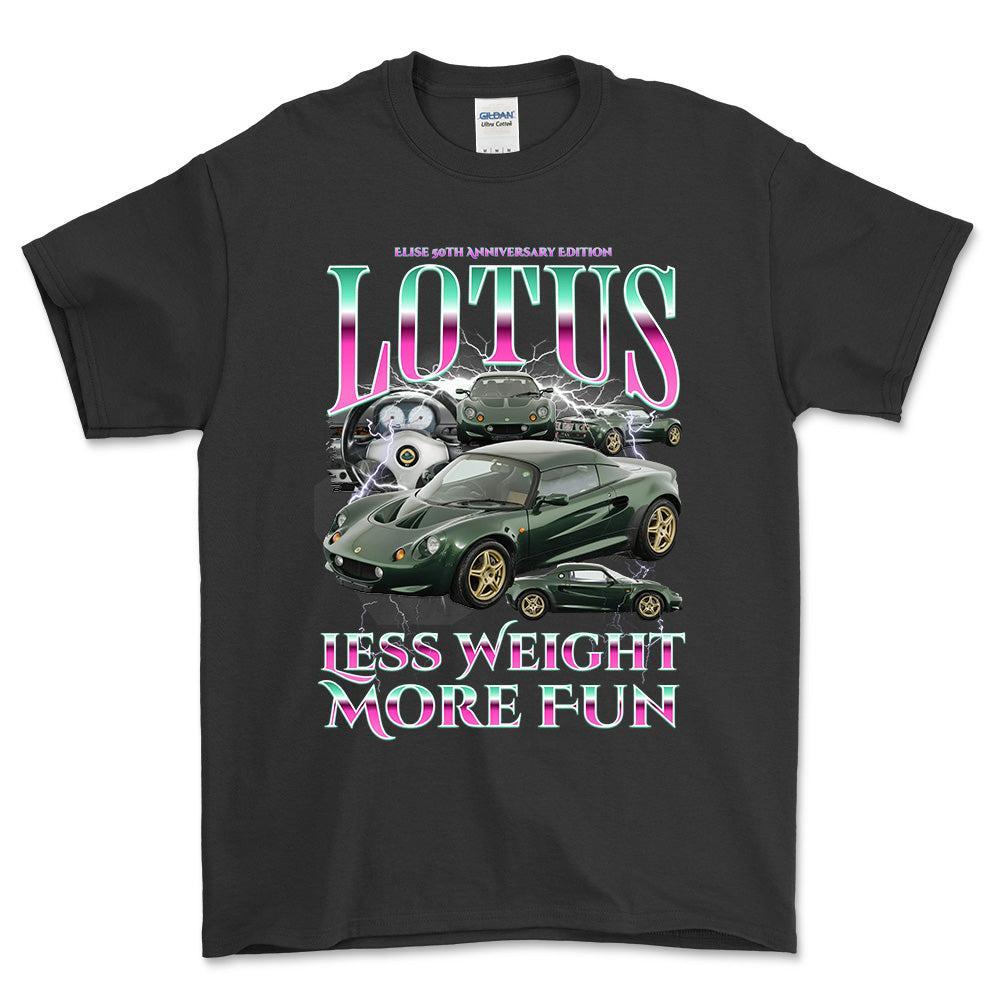 Lotus Elise - Bootleg Style Unisex T-Shirt , Bomuld-Beklædning-Lotus-Sort-S-Forside-Garage Culture Shop- garage - man cave - merchandise