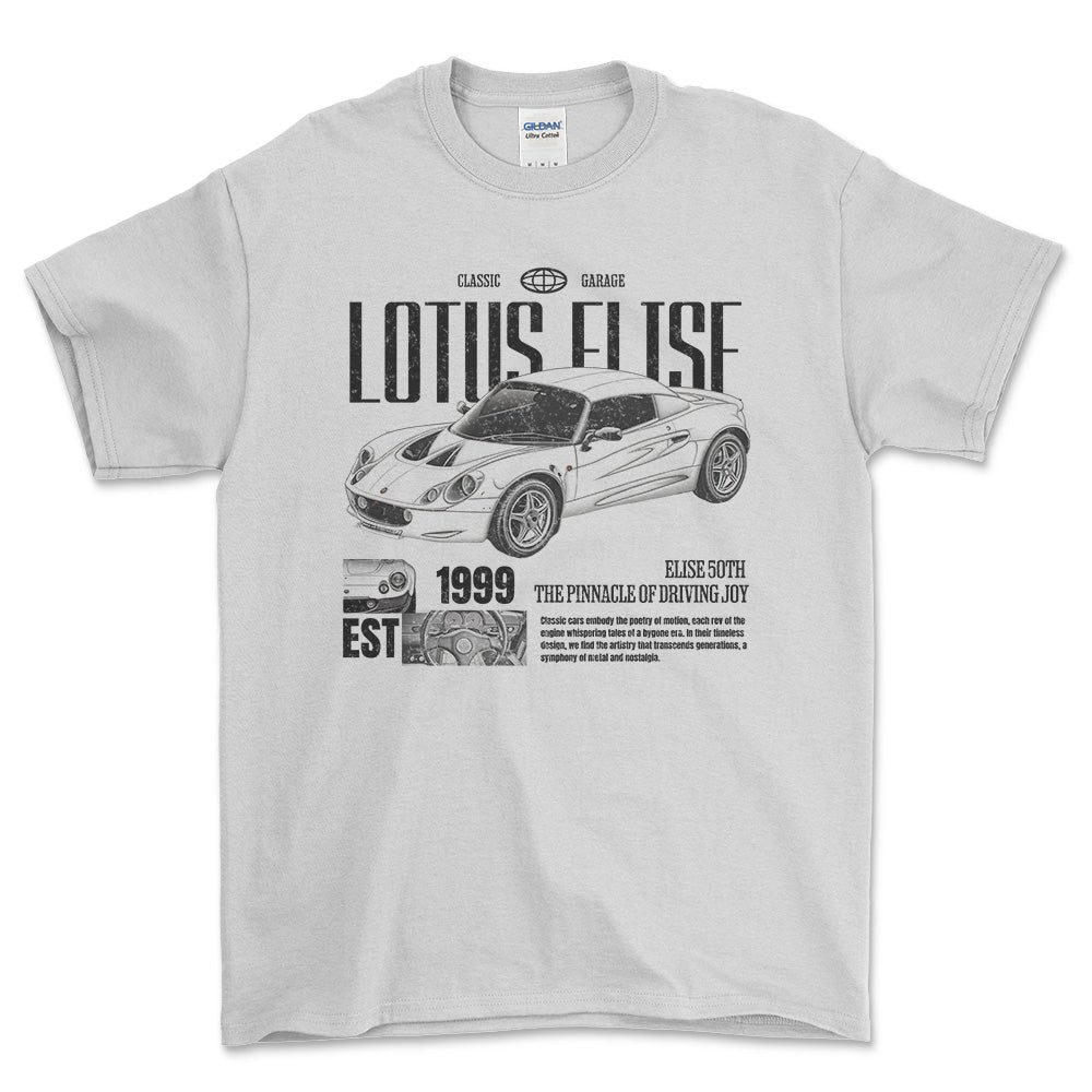 Lotus Elise - Classic Garage Unisex T-Shirt , Bomuld-Beklædning-Lotus-Hvid-S-Forside-Garage Culture Shop- garage - man cave - merchandise