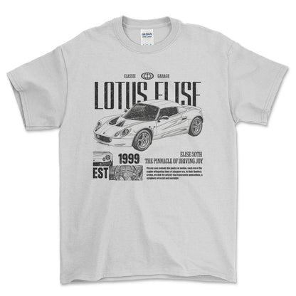 Lotus Elise - Classic Garage Unisex T-Shirt , Bomuld-Beklædning-Lotus-Hvid-S-Forside-Garage Culture Shop- garage - man cave - merchandise