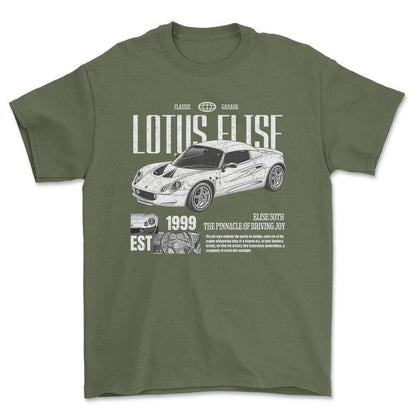 Lotus Elise - Classic Garage Unisex T-Shirt , Bomuld-Beklædning-Lotus-Grøn Militær-S-Forside-Garage Culture Shop- garage - man cave - merchandise