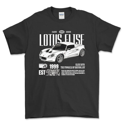 Lotus Elise - Classic Garage Unisex T-Shirt , Bomuld-Beklædning-Lotus-Sort-S-Forside-Garage Culture Shop- garage - man cave - merchandise