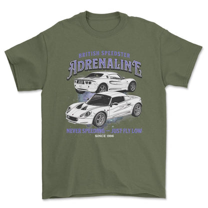 Lotus Elise - Unisex T-Shirt , Bomuld-Beklædning-Lotus-Grøn Militær-S-Forside-Garage Culture Shop- garage - man cave - merchandise