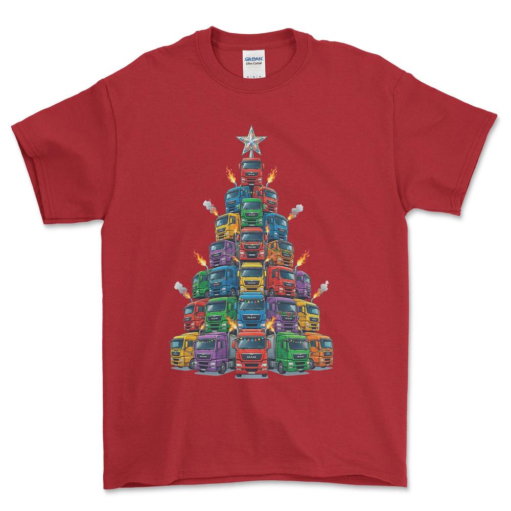 MAN Lastbil Juletræ Christmas Tree - Unisex T-Shirt-Beklædning-Man-Rød-S-Forside-Garage Culture Shop- garage - man cave - merchandise