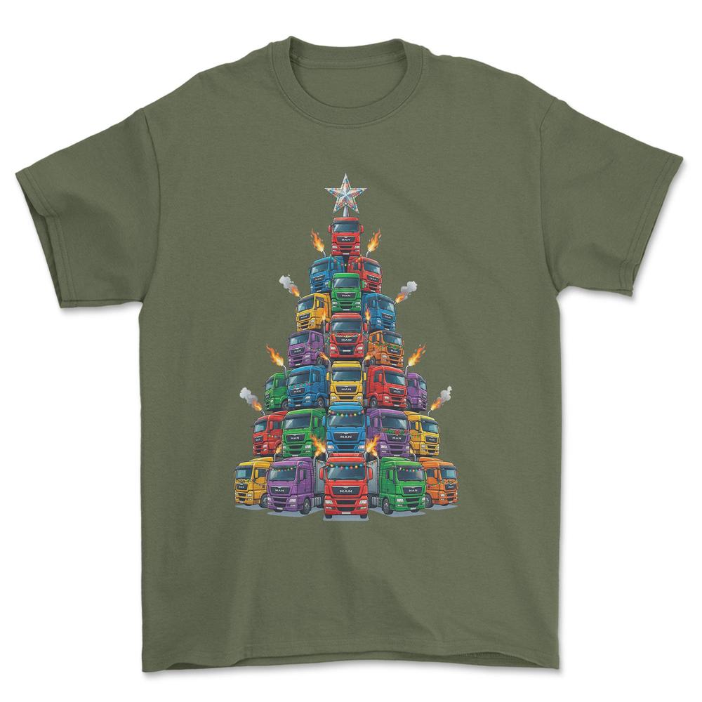 MAN Lastbil Juletræ Christmas Tree - Unisex T-Shirt-Beklædning-Man-Grøn Militær-S-Forside-Garage Culture Shop- garage - man cave - merchandise