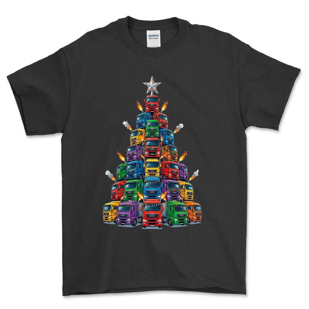 MAN Lastbil Juletræ Christmas Tree - Unisex T-Shirt-Beklædning-Man-Sort-S-Forside-Garage Culture Shop- garage - man cave - merchandise