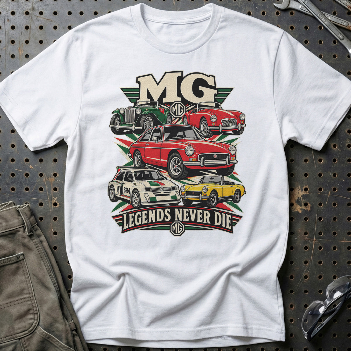 MG Legends Never Die T-Shirt-Beklædning-MG-Hvid-S-Garage Culture Shop- garage - man cave - merchandise