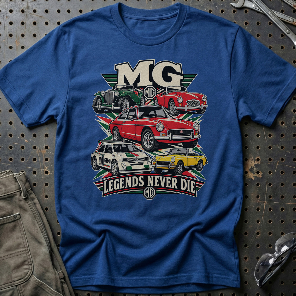 MG Legends Never Die T-Shirt-Beklædning-MG-Blå Royal-S-Garage Culture Shop- garage - man cave - merchandise