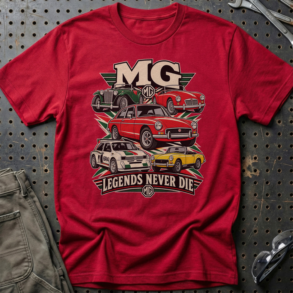 MG Legends Never Die T-Shirt-Beklædning-MG-Rød-S-Garage Culture Shop- garage - man cave - merchandise