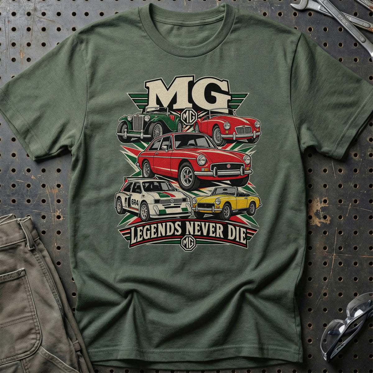 MG Legends Never Die T-Shirt-Beklædning-MG-Grøn Militær-S-Garage Culture Shop- garage - man cave - merchandise
