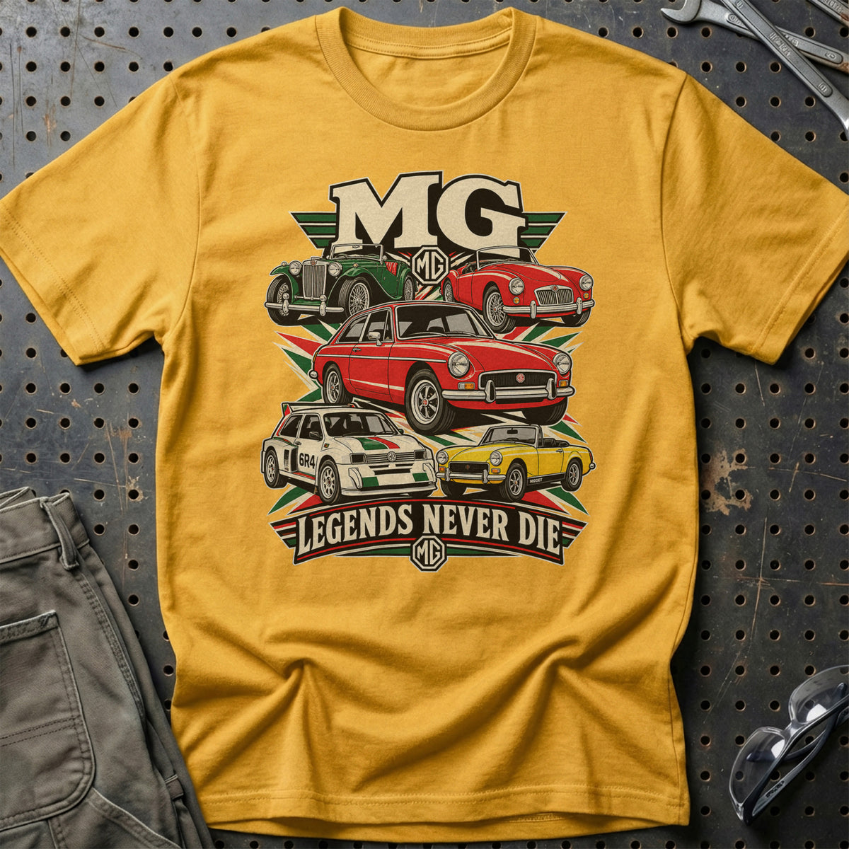 MG Legends Never Die T-Shirt-Beklædning-MG-Guld-S-Garage Culture Shop- garage - man cave - merchandise
