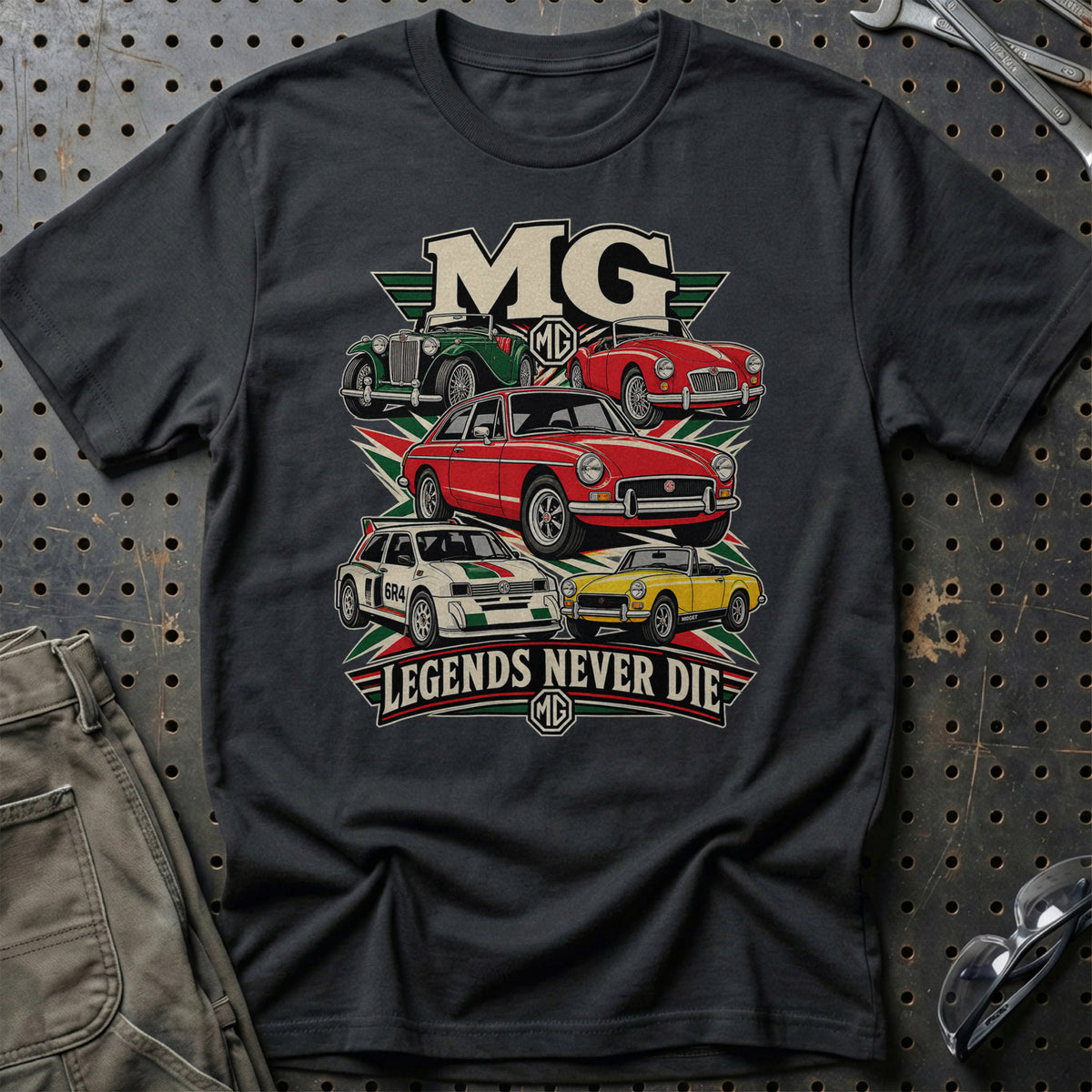 MG Legends Never Die T-Shirt-Beklædning-MG-Sort-S-Garage Culture Shop- garage - man cave - merchandise