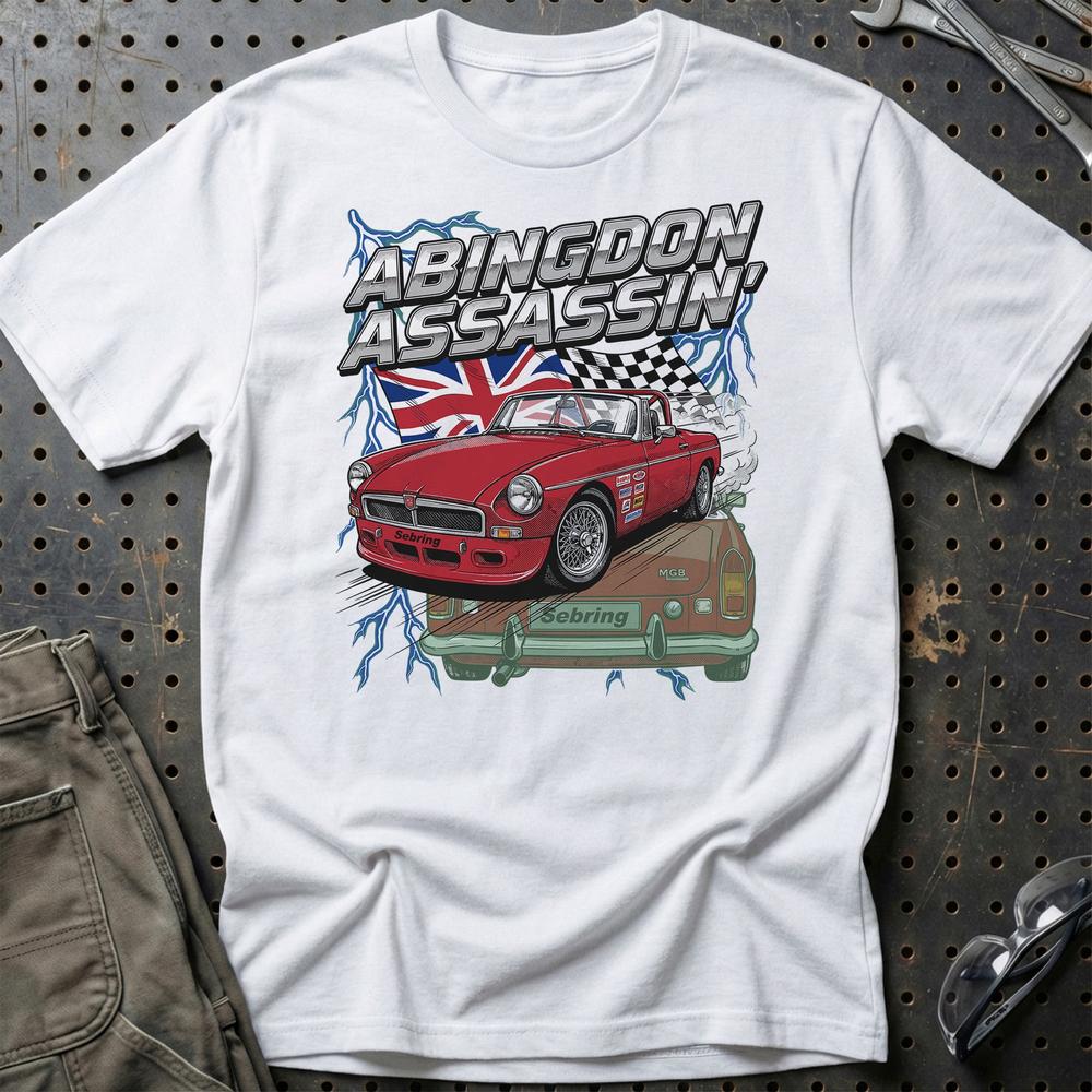 MG MGB T-Shirt - Abingdon Assassin | British Racing T-Shirt-Beklædning-MG-Hvid-S-Garage Culture Shop- garage - man cave - merchandise